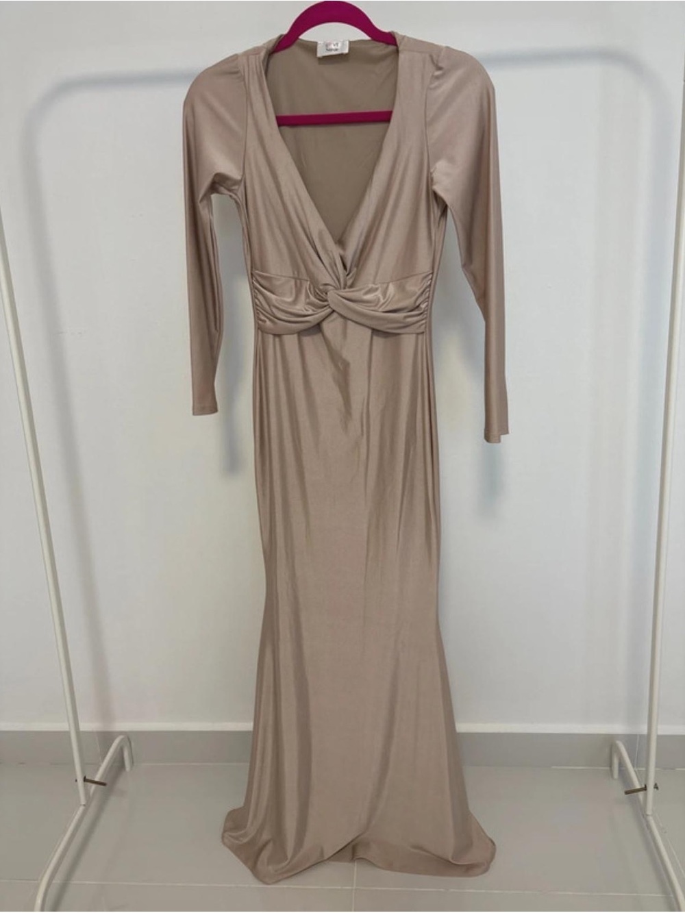 Champagne Long Sleeve Twist Front Maxi Dress | Size Small